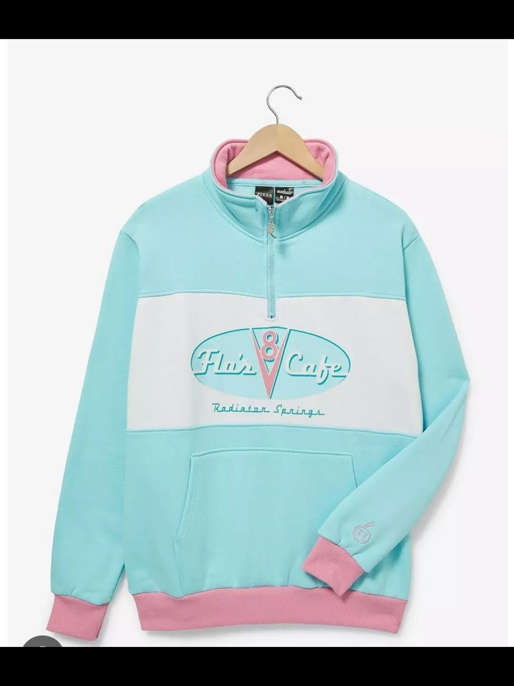 Cakeworthy Radiator Springs Flo's V8 Cafe Quarter Zip Pullover - Aqua & Pink
